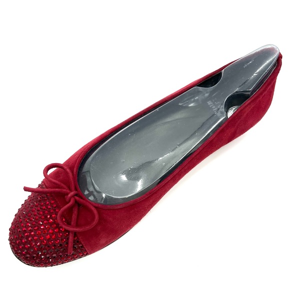 Stuart Weitzman Suede Ballet Flats Sz 8 N Scarlet Bow Rhinestone Bling Slipper - Picture 1 of 12